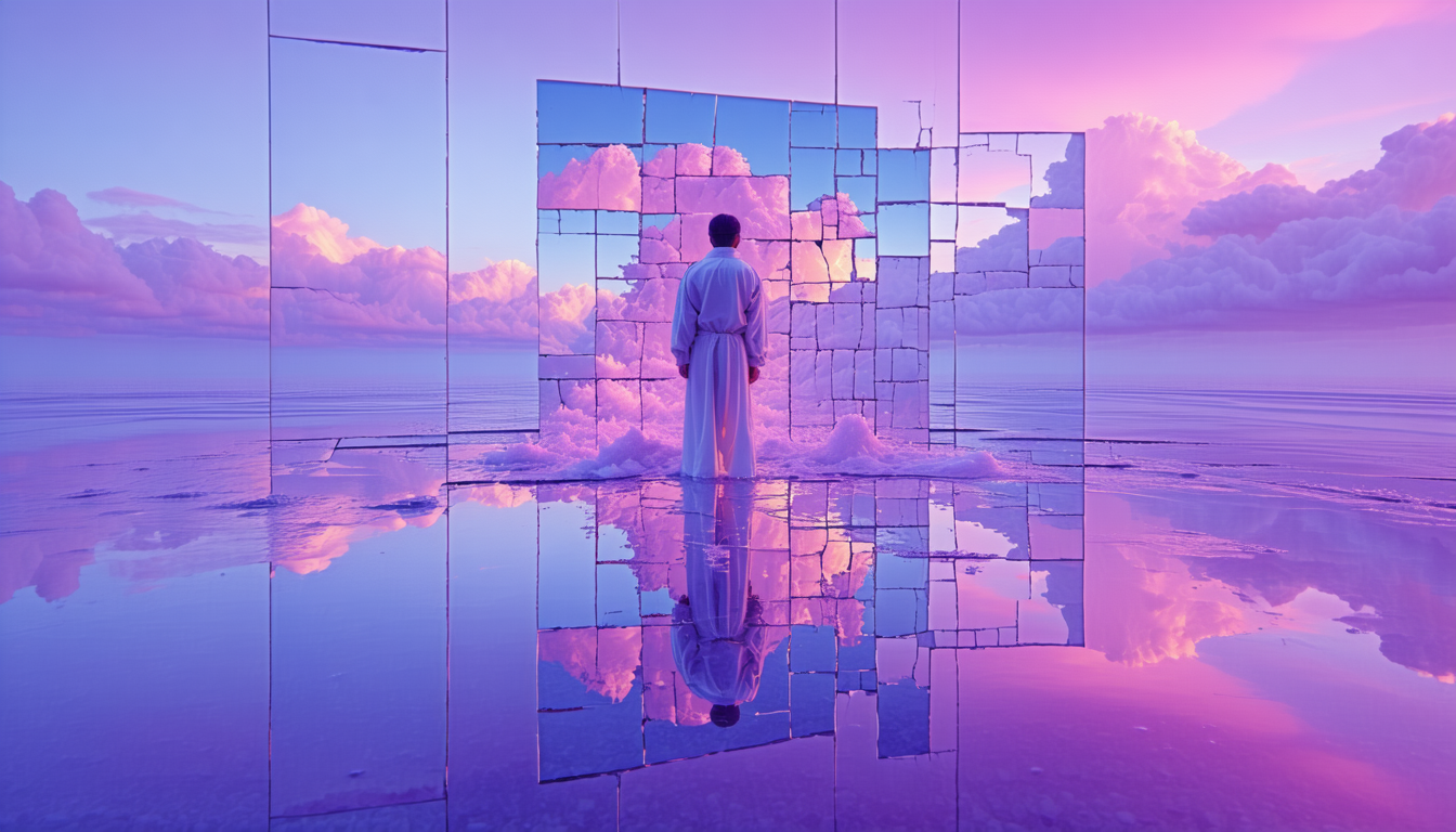 Surreal picture of a person standing in front of a mirror surrounded by water and clouds.