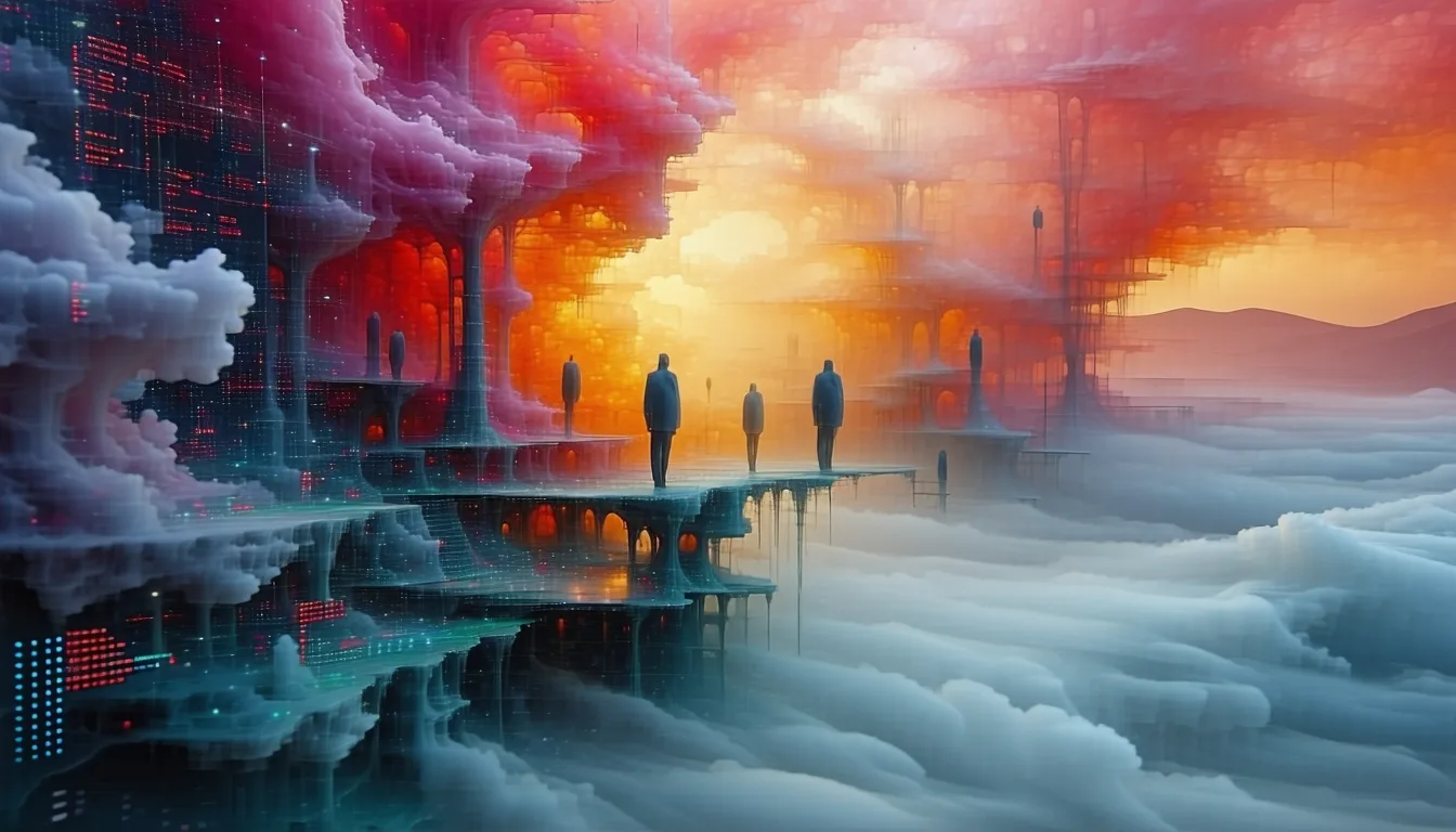 Surreales Bild einer Stadt in den Wolken.
