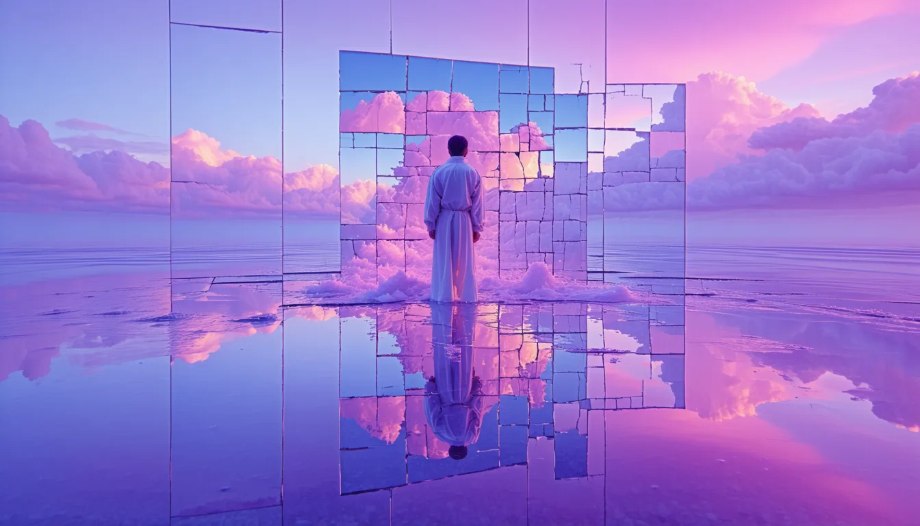 Surreales Bild einer Person, die vor einem Spiegel steht, umgeben von Wasser und Wolken.