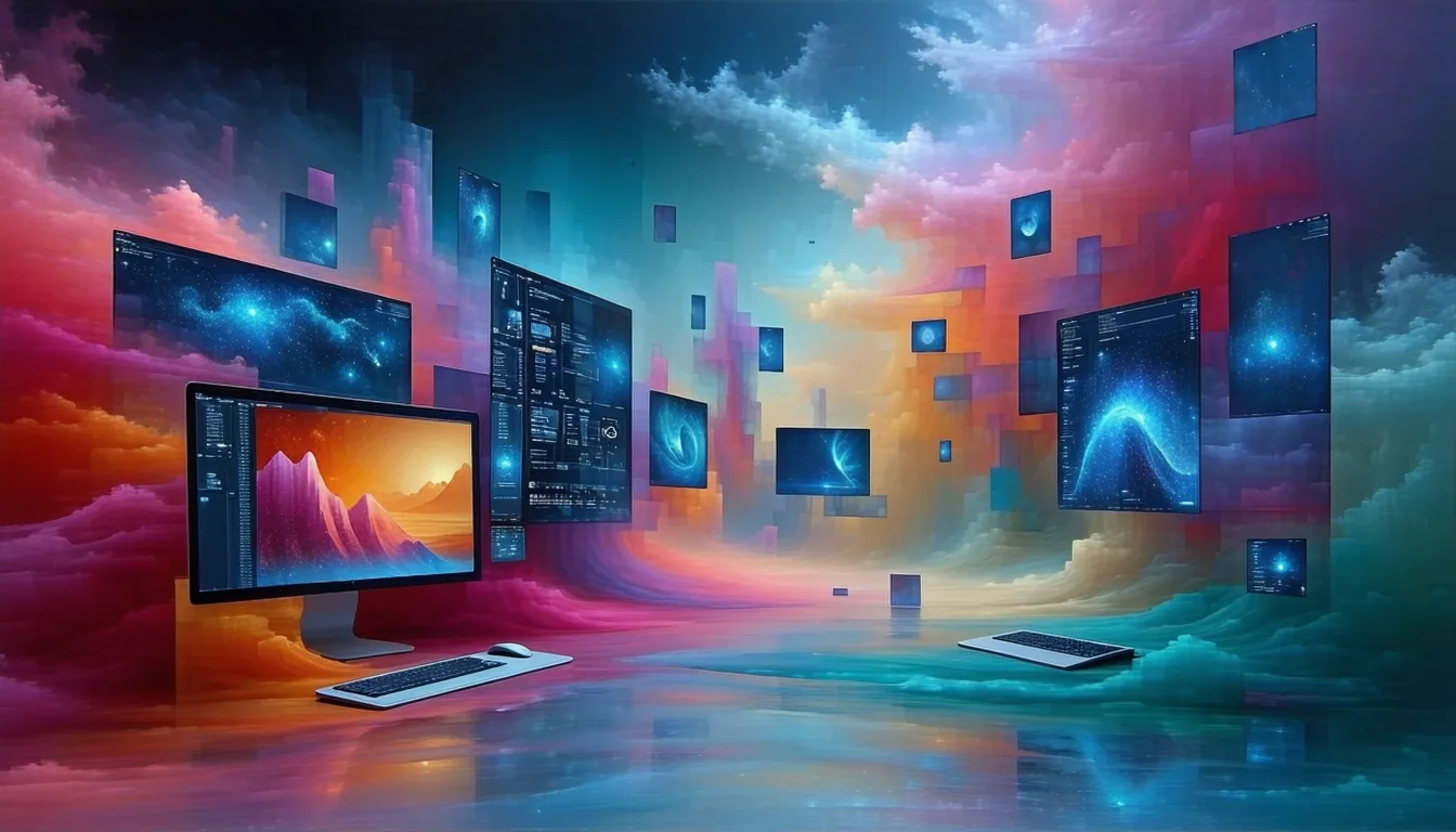 Surreales Bild von Computerbildschirmen, die in den Wolken schweben.